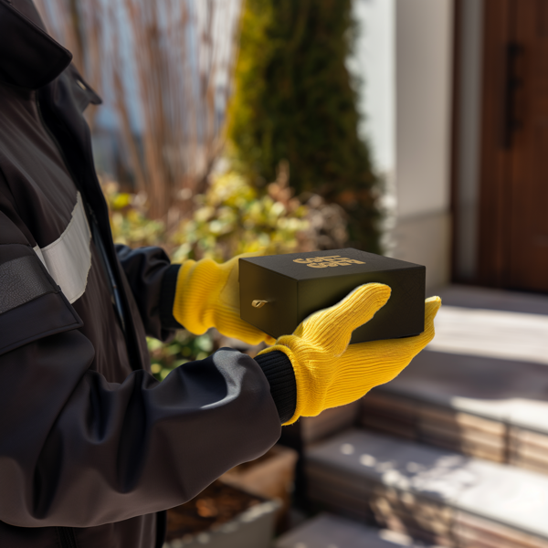 Courier delivering an exquisite gift box of L'ESS condiment at a doorstep – Culinary Elegance Delivered to Your Door.