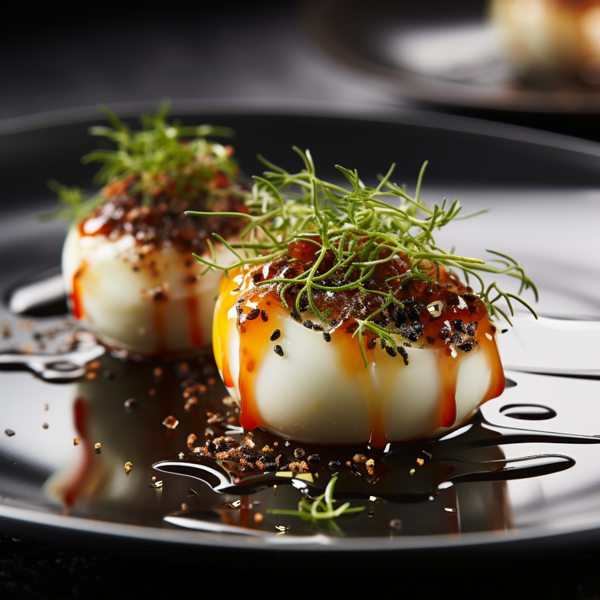 L'ESS artfully layered on soft-boiled eggs, creating a delectable fusion of flavors and textures in a visually pleasing culinary presentation.