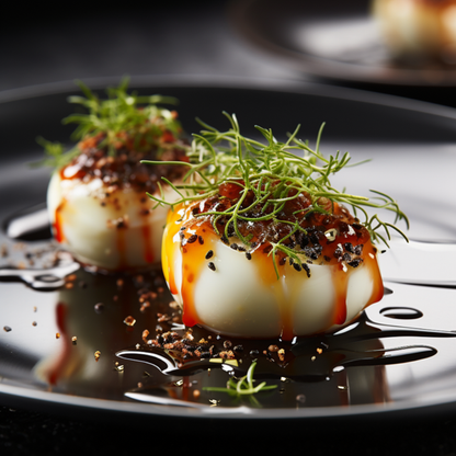 L'ESS artfully layered on soft-boiled eggs, creating a delectable fusion of flavors and textures in a visually pleasing culinary presentation.