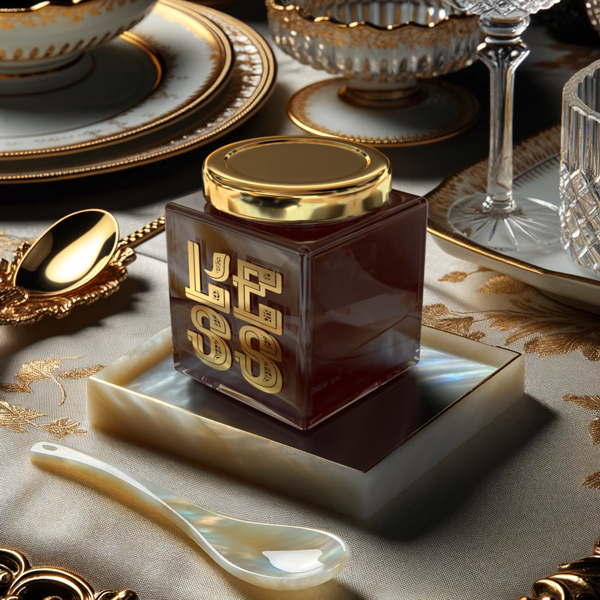 Luxe table setting featuring 'L'ESS' the ultimate condiment in a jar with a mother-of-pearl spoon on an elegant dining table.