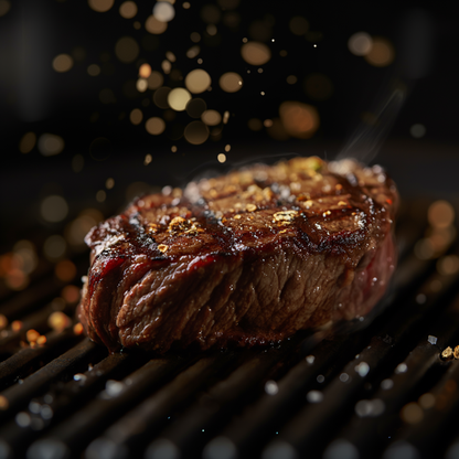 Juicy steak grilling with 'L'ESS' condiment drops enhancing its flavor and gold flakes.