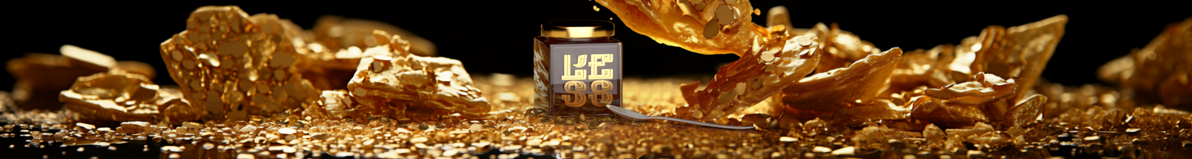 L'ESS Condiment Jar Accented with a Mother-of-Pearl Spoon, Nestled Amidst Luxurious Gold Pieces and Gilded Flakes – Gourmet Excellence in Every Detail.