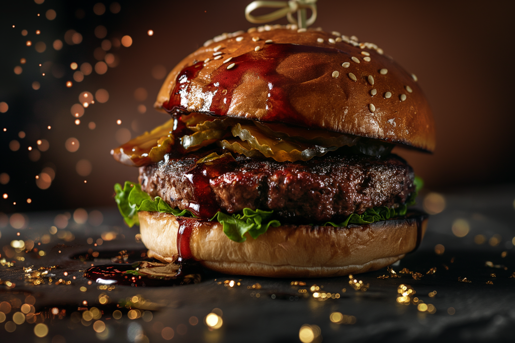 Luxurious hamburger enhanced with L'ESS sauce and edible gold flakes, presenting a premium dining experience with a focus on high-end culinary innovation.